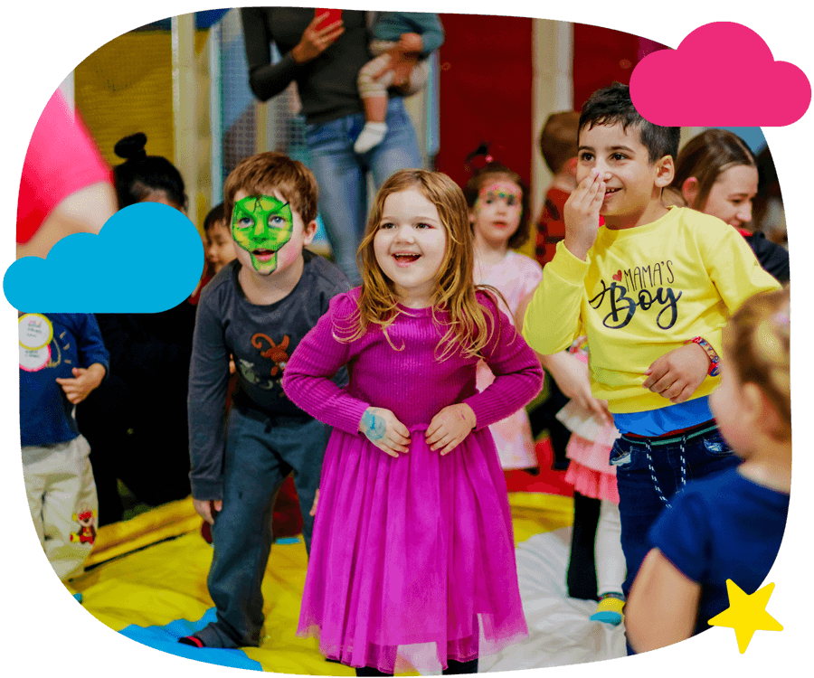 kids playing inside minibounce with face painting  and and fun activities during fun fest