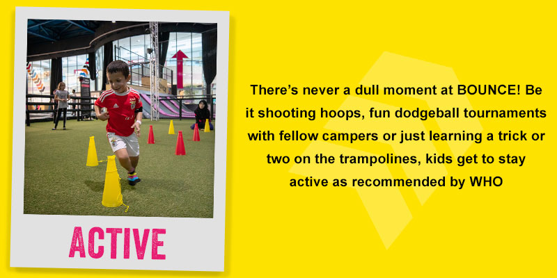 Kids get to stay active at BOUNCE summer camp by shooting hoops, dodgeball tournament or just learning a trick or two on our trampolines!